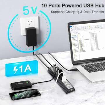 VIENON 10-Port Powered USB Hub for Fast Data Transfer