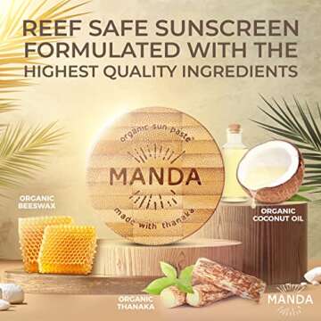 MANDA - Reef Safe Sunscreen - Made of Thanaka, Non-Nano Zinc Oxide & Organic Ingredients - SPF 50 - Travel Size, Waterproof Sunscreen Paste - Applies Thick - 40g