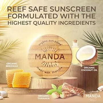 MANDA - Reef Safe Sunscreen - Made of Thanaka, Non-Nano Zinc Oxide & Organic Ingredients - SPF 50 - Travel Size, Waterproof Sunscreen Paste - Applies Thick - 40g