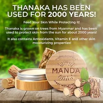 MANDA - Reef Safe Sunscreen - Made of Thanaka, Non-Nano Zinc Oxide & Organic Ingredients - SPF 50 - Travel Size, Waterproof Sunscreen Paste - Applies Thick - 40g