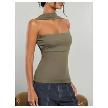 Milumia Women Ruched Strapless Halter Tube Top Open Back Slim Fit Bandeau Shirts Green XX-Small