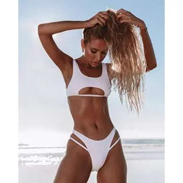 SherryDC Women's Sexy Scoop Neck Padded Cutout Strappy Thong Bikini Set Swimsuit White