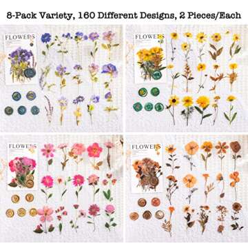 Knaid Pressed Flower Themed Stickers Set (320 Pieces) Dried Flowers Resin Stickers Decals Floral Botanical Journaling Stickers for Scrapbook Supplies Junk Journal Bullet Journal Planner Laptops