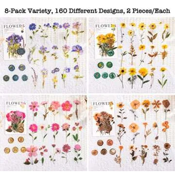 Knaid Pressed Flower Themed Stickers Set (320 Pieces) Dried Flowers Resin Stickers Decals Floral Botanical Journaling Stickers for Scrapbook Supplies Junk Journal Bullet Journal Planner Laptops