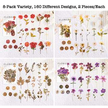Knaid Pressed Flower Themed Stickers Set (320 Pieces) Dried Flowers Resin Stickers Decals Floral Botanical Journaling Stickers for Scrapbook Supplies Junk Journal Bullet Journal Planner Laptops