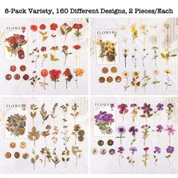 Knaid Pressed Flower Themed Stickers Set (320 Pieces) Dried Flowers Resin Stickers Decals Floral Botanical Journaling Stickers for Scrapbook Supplies Junk Journal Bullet Journal Planner Laptops