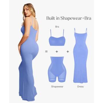 Popilush Shapewear Dress Womens Summer Long Dresses Built-in Bra Slip Bodycon Maxi Dress with Adjustable Straps Light Blue