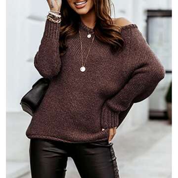 BTFBM Women's Long Sleeve Crew Neck Solid Ribbed Knit Oversized Sweater (Dark Coffee, Small)