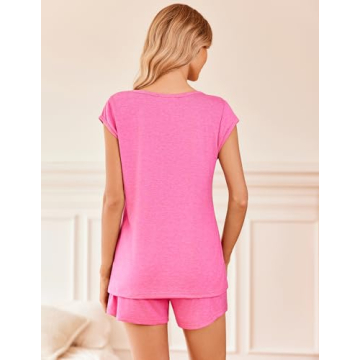 Ekouaer Womens Short Sleeve Pajama Set in Rose Pink