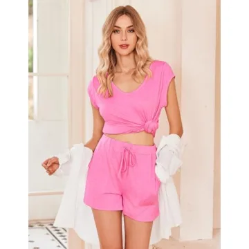 Ekouaer Womens Short Sleeve Pajama Set in Rose Pink