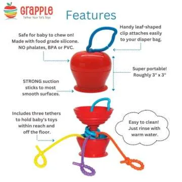 Grapple, Suction Cup Toys Holder for High Chair , Stroller and Teething Toys for Babies 6-12 Months. One of Your Baby Must Haves!