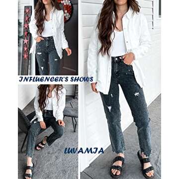 luvamia Womens Denim Jacket Distressed Button Down Jean Shirt For Women Ripped Shacket Coat