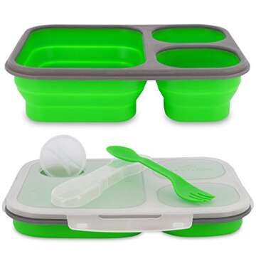 Smart Planet EC-34 Large 3-Compartment Eco Silicone Collapsible Meal Kit Lunch Box, Green