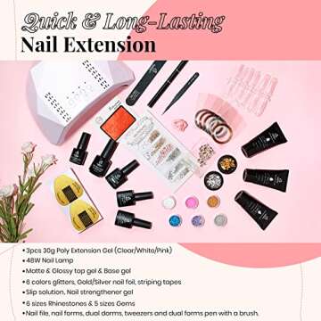 Beetles Poly Extension Gel Nail Kit, 30g Nail Extension Gel with 48W Nail Lamp Slip Solution Nail Strengthener Rhinestone Glitter Nail Manicure Beginner Starter Kit Mother's Day Gift for Women