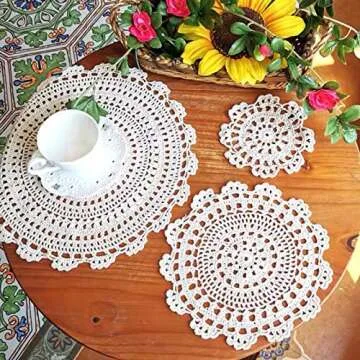 Phantomon 10 Inch Handmade Crochet Round Cotton Lace Table Placemats Doilies Pack of 4, Beige