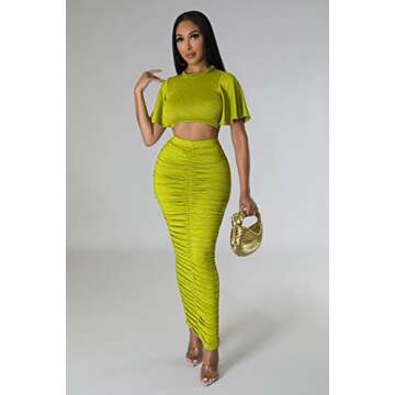 Maxi Skirt Sets Women 2 Piece Outfits Short Sleeve High Waisted Summer Long Dresses for Women 2023 Party Club Night Green S