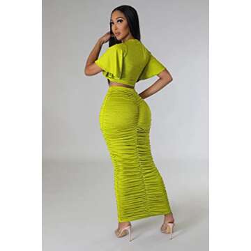 Maxi Skirt Sets Women 2 Piece Outfits Short Sleeve High Waisted Summer Long Dresses for Women 2023 Party Club Night Green S
