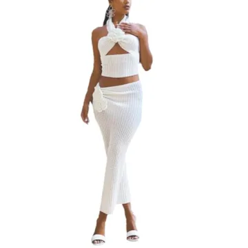 THLAI 2 Piece Skirt Sets for Women 3D Flower Halter Crop Top and Maxi Skirt Sets Sexy Crochet Knitte...