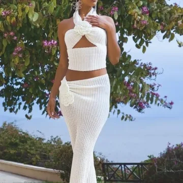 THLAI 2 Piece Crochet Skirt Set Women 3D Flower Beach Outfit