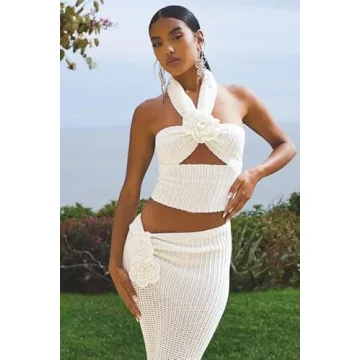 THLAI 2 Piece Crochet Skirt Set Women 3D Flower Beach Outfit