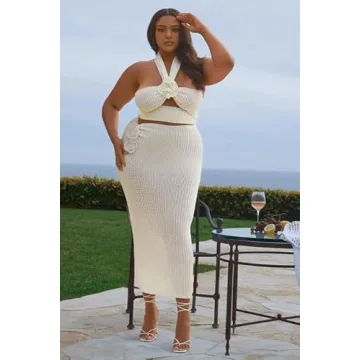 THLAI 2 Piece Crochet Skirt Set Women 3D Flower Beach Outfit