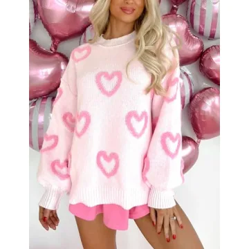 KMBANGI Women Heart Print Sweater Romantic Oversized Knitted Shirt Valentine's Day Love Graphic Long Sleeve Pullover Top(Knitted Pink 11,M)