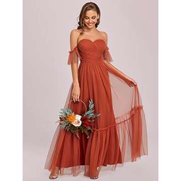 Ever-Pretty Women's Formal Dress Sweetheart Off-Shoulder Ruched Tulle Maxi Bridesmaid Dresses Burnt Orange US6