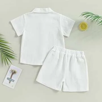Hoanselay Baby Boy Cotton Linen Shorts Set Solid Color Short Sleeve Button Down T-Shirt Tops and Shorts Summer Outfit Clothes