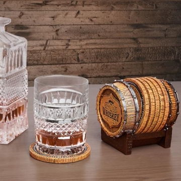 Whiskey Barrel Coaster Set – Handcrafted Whiskey Barrel Decor for Whiskey Lovers and Man Cave Gifts for Men - 6 Full Size Whiskey Coasters with Barrel Style Holder for Man Cave Décor