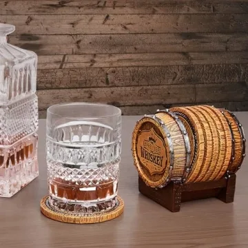 Whiskey Barrel Coaster Set – Handcrafted Whiskey Barrel Decor for Whiskey Lovers and Man Cave Gifts for Men - 6 Full Size Whiskey Coasters with Barrel Style Holder for Man Cave Décor