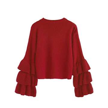 MakeMeChic Women's Layered Ruffle Sleeve Pullover Sweater Burgundy one-Size