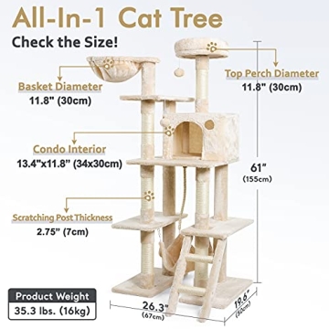 rabbitgoo Cat Tree Tower 61" for Indoor Cats with Hammock