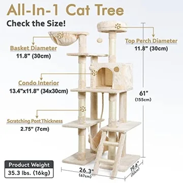 rabbitgoo Cat Tree Tower 61" for Indoor Cats with Hammock
