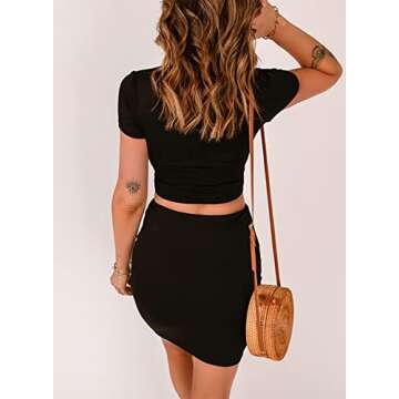 Acelitt Women’s Chic 2 Piece Summer Set - Comfortable V Neck Crop & Mini Skirt