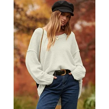 ANRABESS Women's Oversized Casual Loose Slouchy Scoop V Neck Batwing Long Sleeve Knit 2024 Fall Pullover Sweaters White Small