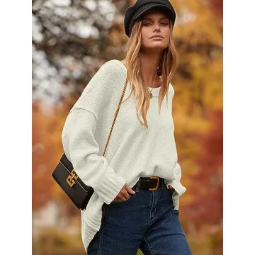 ANRABESS Women's Oversized Casual Loose Slouchy Scoop V Neck Batwing Long Sleeve Knit 2024 Fall Pullover Sweaters White Small