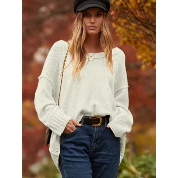 ANRABESS Women's Oversized Casual Loose Slouchy Scoop V Neck Batwing Long Sleeve Knit 2024 Fall Pullover Sweaters White Small