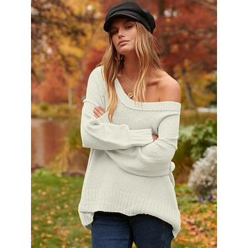ANRABESS Women's Oversized Casual Loose Slouchy Scoop V Neck Batwing Long Sleeve Knit 2024 Fall Pullover Sweaters White Small