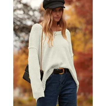 ANRABESS Women's Oversized Casual Loose Slouchy Scoop V Neck Batwing Long Sleeve Knit 2024 Fall Pullover Sweaters White Small