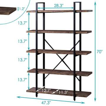 SUPERJARE 5-Tier Bookshelf, Open Etagere Bookcase with Metal Frame, Book Shelf Book Case with Storage Display Shelves, Distressed Brown