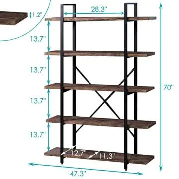 SUPERJARE 5-Tier Bookshelf, Open Etagere Bookcase with Metal Frame, Book Shelf Book Case with Storage Display Shelves, Distressed Brown
