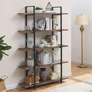 SUPERJARE 5-Tier Bookshelf, Open Etagere Bookcase with Metal Frame, Book Shelf Book Case with Storage Display Shelves, Distressed Brown