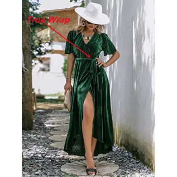 BerryGo Women's Velvet Wrap Dress Prom Cocktail Emerald Green