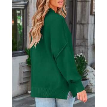 ZESICA Women's Fall Casual Long Sleeve Crew Neck Side Slit Oversized Ribbed Knit Pullover Sweater Tops,DarkGreen,Medium