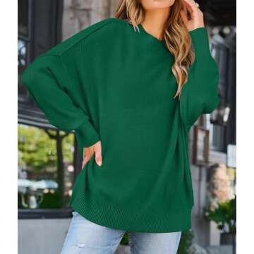 ZESICA Women's Fall Casual Long Sleeve Crew Neck Side Slit Oversized Ribbed Knit Pullover Sweater Tops,DarkGreen,Medium