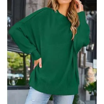 ZESICA Women's Fall Casual Long Sleeve Crew Neck Side Slit Oversized Ribbed Knit Pullover Sweater Tops,DarkGreen,Medium