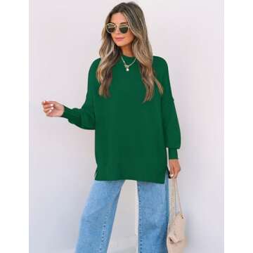 ZESICA Women's Fall Casual Long Sleeve Crew Neck Side Slit Oversized Ribbed Knit Pullover Sweater Tops,DarkGreen,Medium