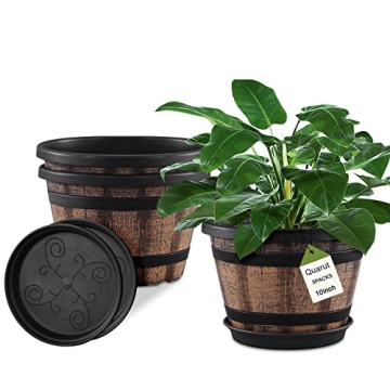 Quarut 3 Pack 10 inch Plant Pots, Whiskey Barrel Planters with Drainage Holes & Saucer, Plastic Deco...