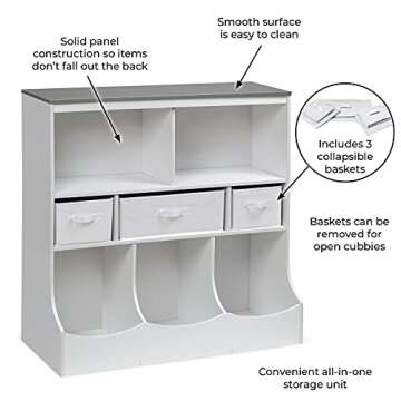 Badger Basket Combo Bin Toy Storage Unit and Book Shelf for Kids with 3 Baskets - White/Gray