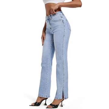 ETTELO Womens High Waisted Straight Leg Loose Stretchy Tummy Control Trendy Side Slit Jeans for Wome...